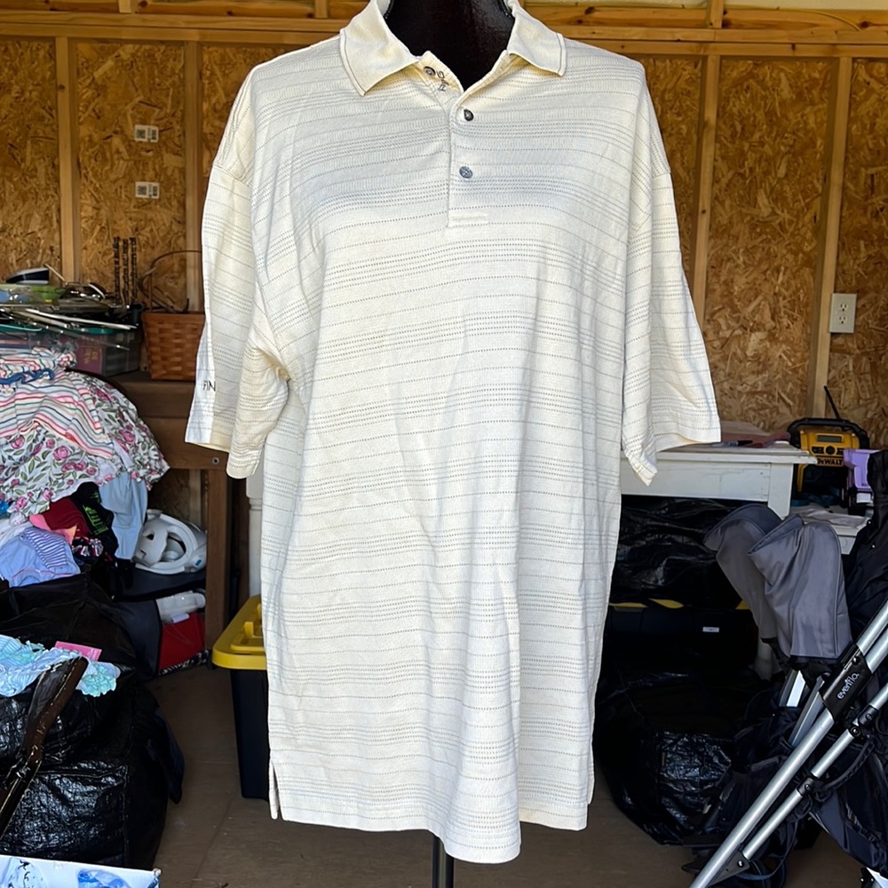 Ping neutral beige color men’s polo shirt. Size large.